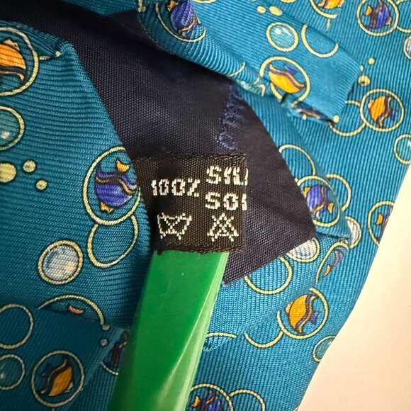 Salvatore Ferragamo Silk Neck Tie Goldfish Bubbles Pattern Teal Men's Neckwear - Picture 9 of 12